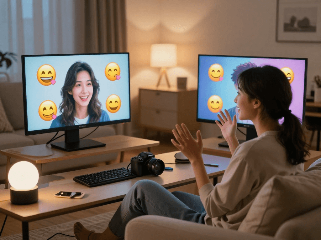 Couple enjoying an ai sex chat session, engaged in playful conversation with AI avatars.