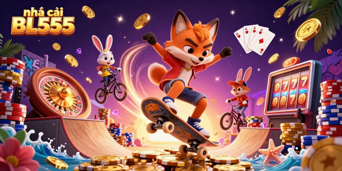 Spin to win at nhà cái BL555 with vibrant casino-themed street art and dynamic characters.