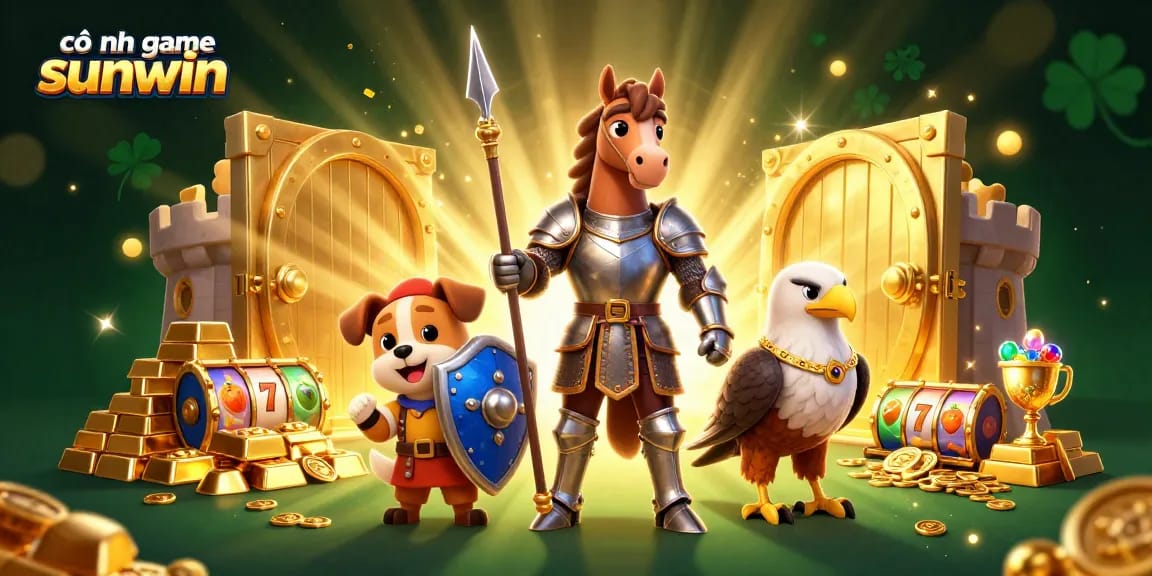 Engage with cổng game sunwin featuring a knight and puppy amidst dynamic casino elements.