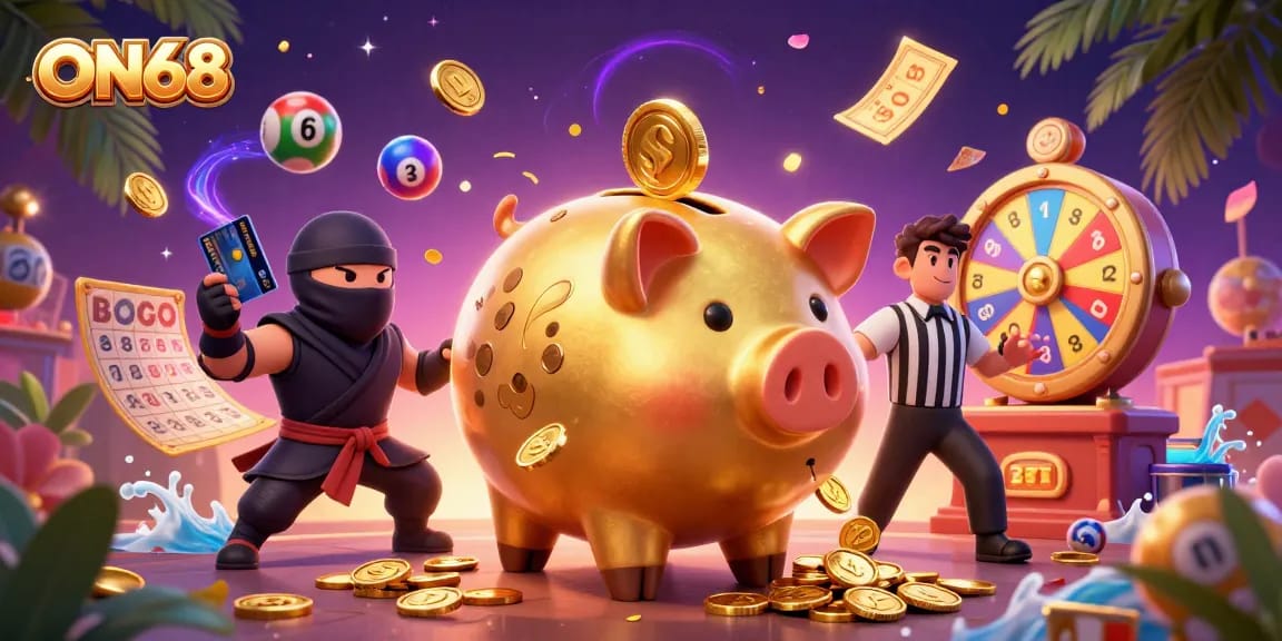 Engage in thrilling action at ON68 with a dynamic scene featuring a golden piggy bank sumo wrestler and vibrant casino elements.