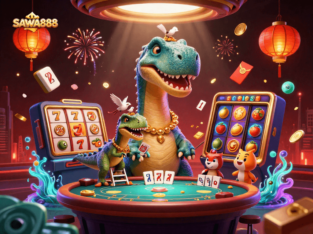 Experience gaming at SAWA888: a vibrant casino scene with a dinosaur dealer overseeing thrilling slot excitement.