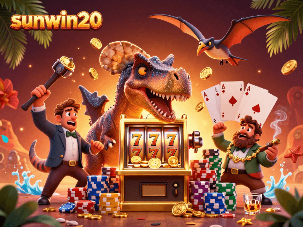 Experience sunwin20 with dynamic characters celebrating slot machine jackpots.