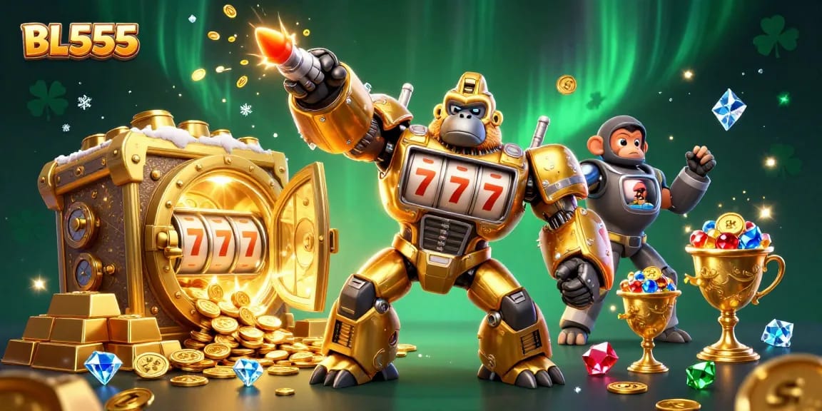 Experience thrilling wins with BL555's golden gorilla mech and casino treasures!