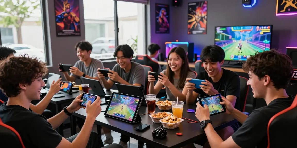 Group enjoying mobile porn games in a vibrant gaming lounge with snacks and colorful lights.