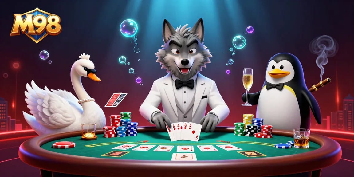Watch the M98 wolf, swan, and penguin engage in a vibrant casino showdown.