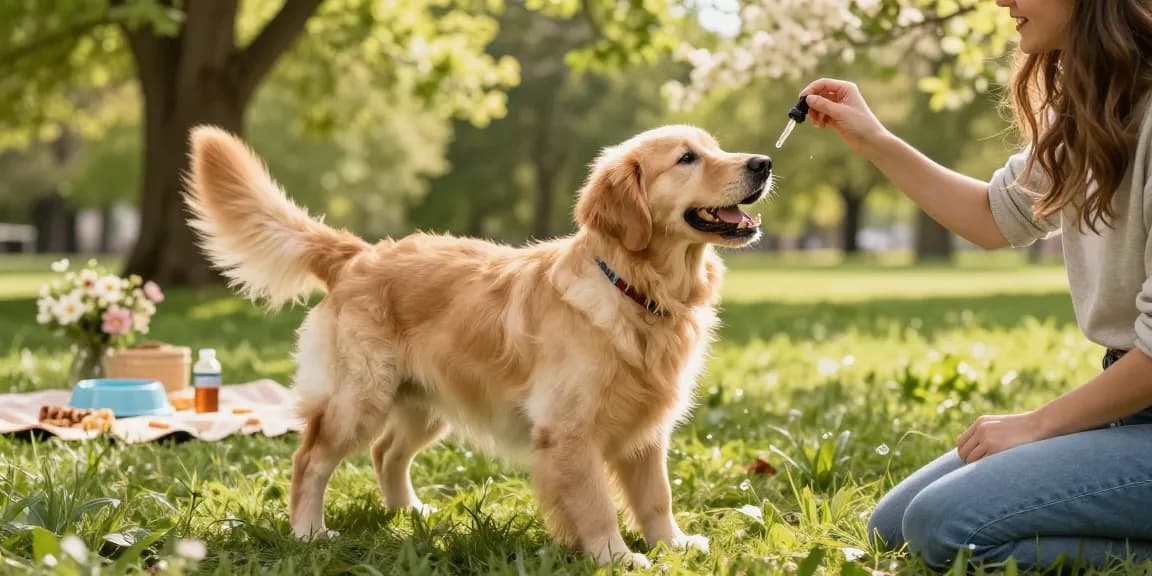 Golden Retriever enjoying CBD oil outdoors for health and happiness at https://www.cbdnorth.co/product/cbd-oil-dogs