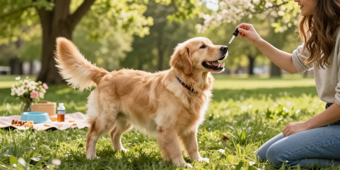 Golden Retriever enjoying CBD oil outdoors for health and happiness at https://www.cbdnorth.co/product/cbd-oil-dogs