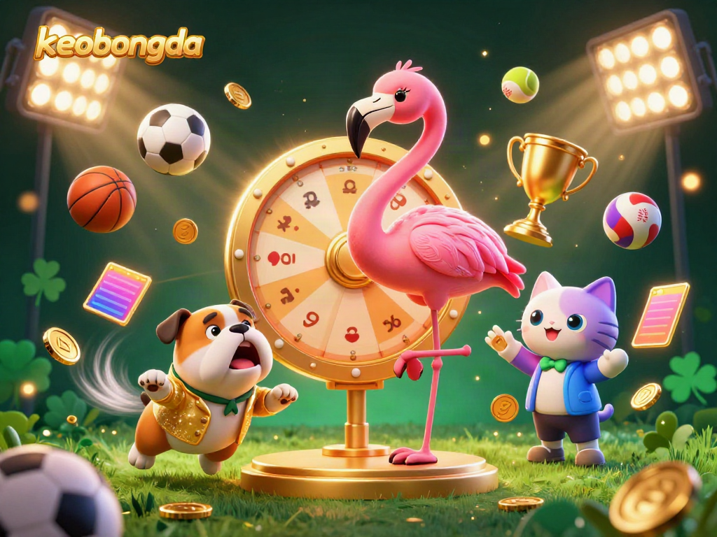 Engage with keobongda's excitement through a vibrant 3D illustration showcasing dynamic sports betting elements.