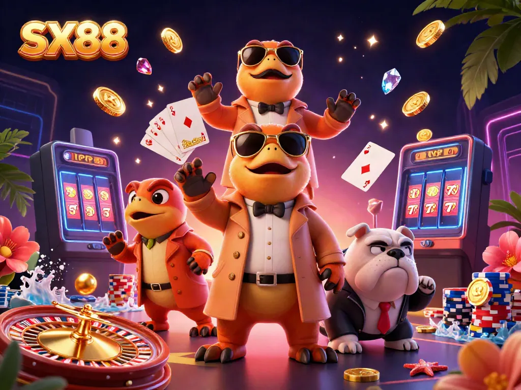 Three raptors in a trench coat enter SX88 casino while golden coins and cards fly around.