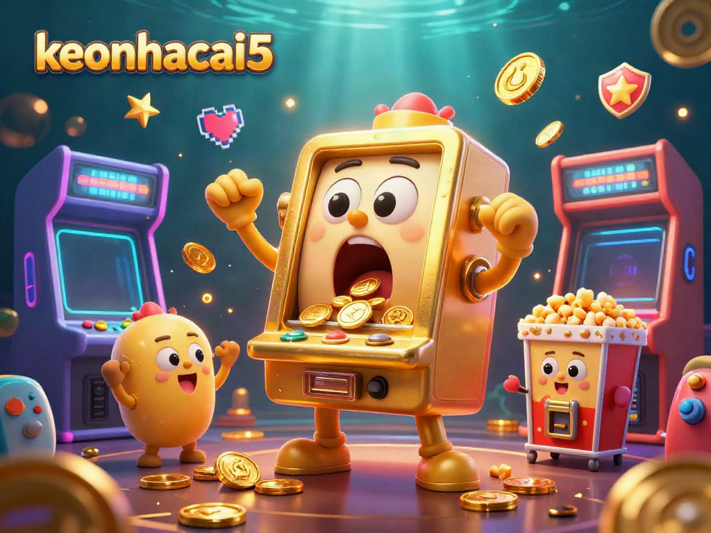 Experience keonhacai5's lively casino scene with a surprised slot machine celebrating a jackpot amidst gleaming visual elements.