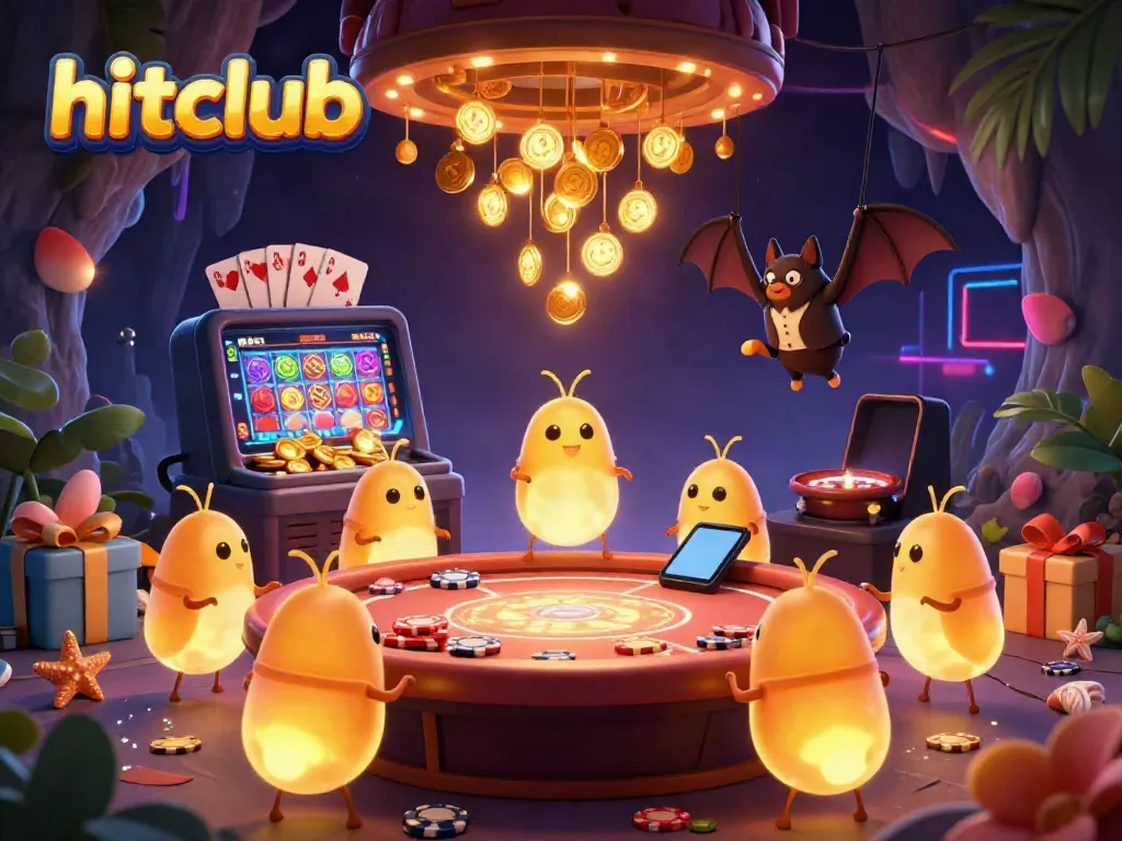 Experience the vibrant hitclub casino scene with glowworms, a bat dealer, and thrilling game elements.