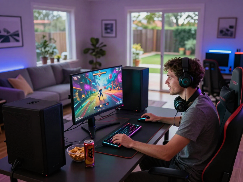 Immersive gaming scene featuring vibrant xxx games display and excited gamer