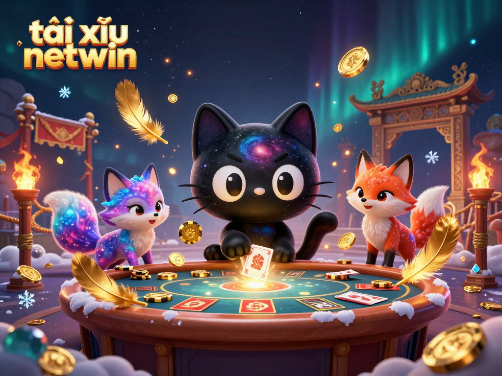 Play tài xỉu netwin with engaging characters at a cosmic casino table surrounded by vibrant gaming elements.