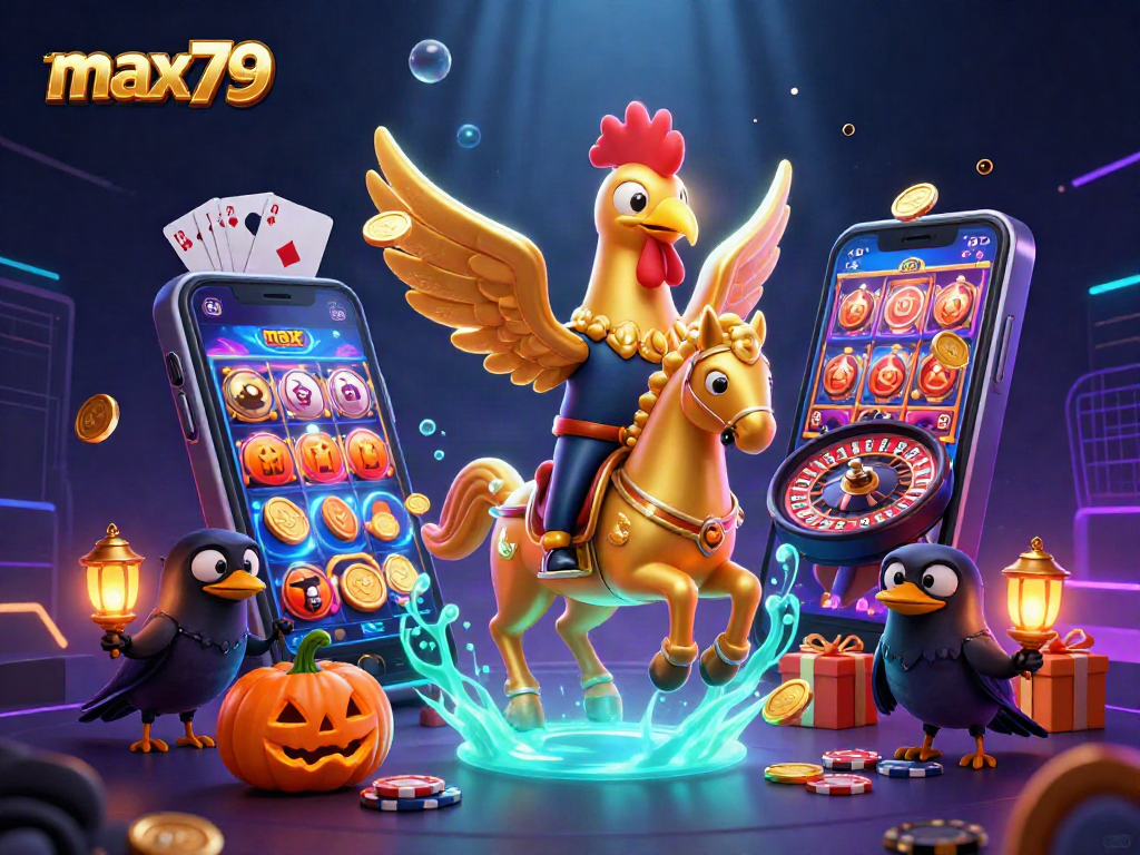 Experience the captivating world of max79 as a golden rooster and spectral horse illuminate a casino.