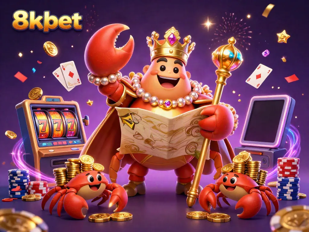 Experience thrilling gameplay with 8xbet, featuring a golden crab emperor amidst slot machines and casino treasures.