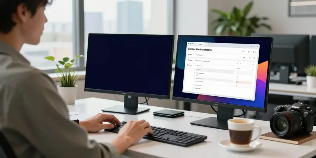 Engaging domain name search UK scene with professional at modern desk analyzing registration options.