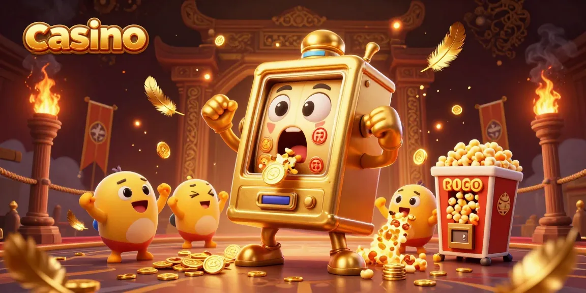 Exciting casino scene with a golden slot machine hitting a jackpot, surrounded by cheering baby machines.