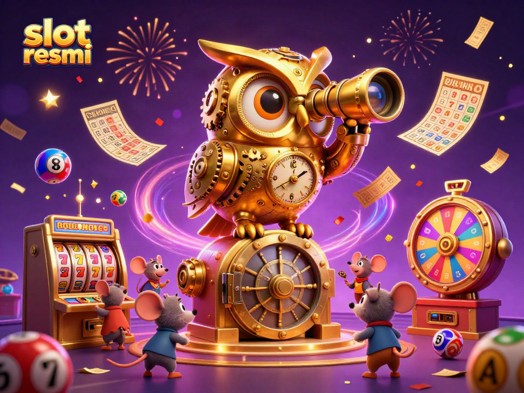 Experience the thrill of slot resmi with a dynamic casino scene featuring a golden owl and lively mice.