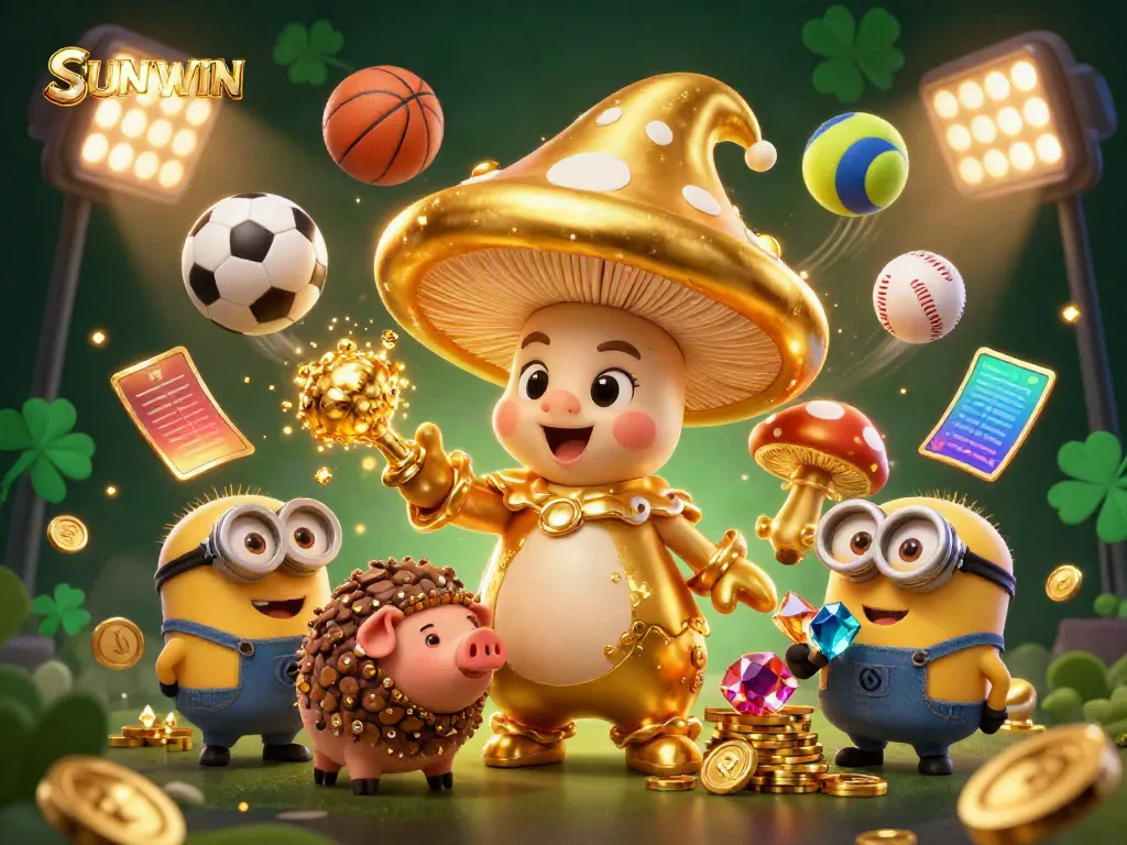 SUNWIN features a golden mushroom wizard and treasure-seeking pig amidst dynamic gaming action, creating a vibrant betting atmosphere.