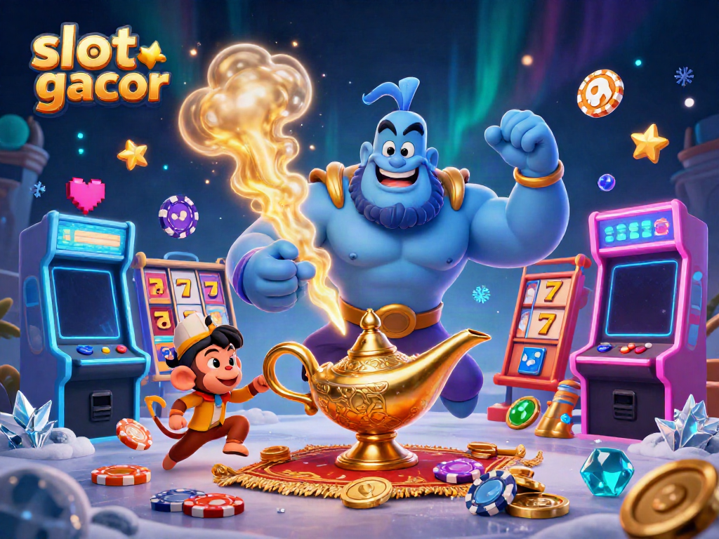 Engage with slot gacor featuring energetic scene of a blue genie, monkey, and poker chips.