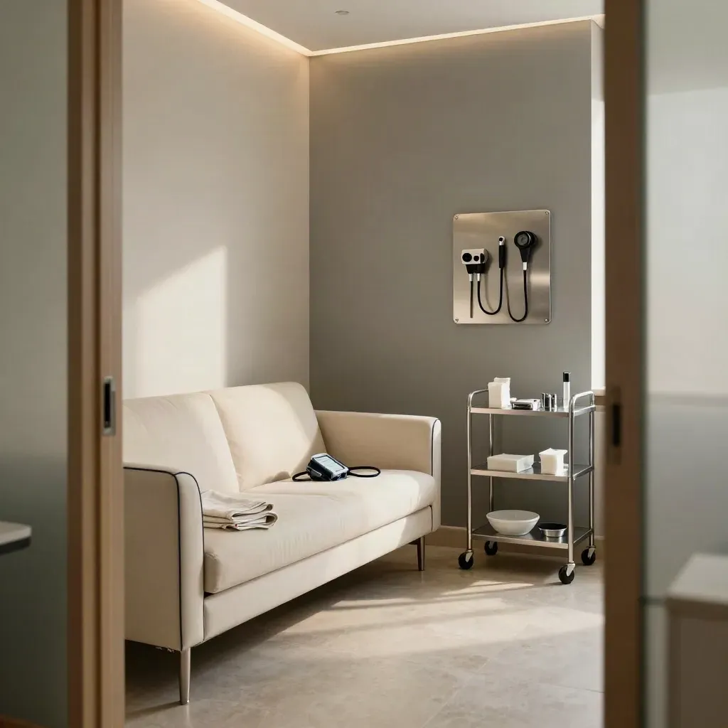 Bright private GP exam room with empty couch, otoscope wall unit and clinical trolley in warm daylight.