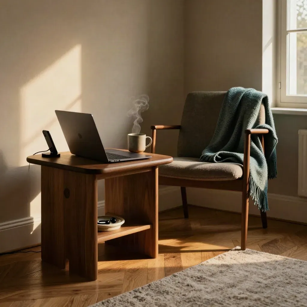 Cozy home consultation corner with closed laptop, steam mug, earbuds, and folded throw by a window.