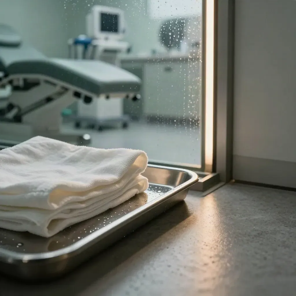 Moody macro of a private clinic prep tray, linen, couch seam and frosted glass in rainlight.