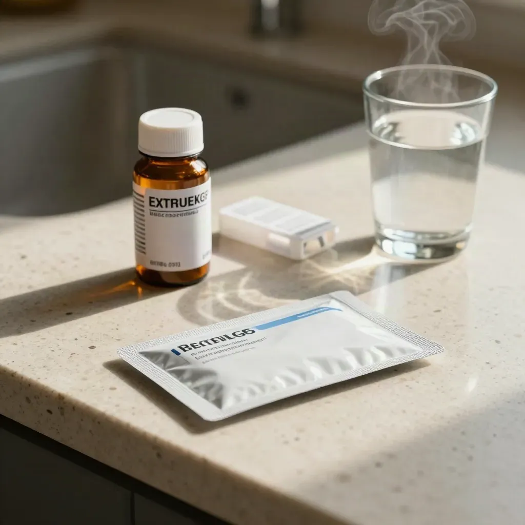 Repeat medicine pouch, pill organizer and water on a stone counter in soft daylight.