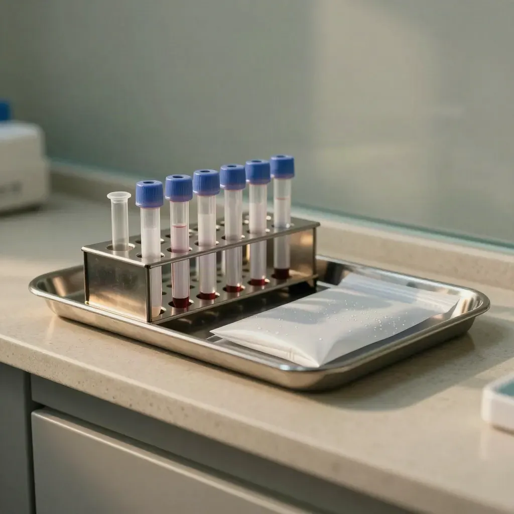 Sample tubes and chilled pack on a stainless tray in a quiet clinic prep area.