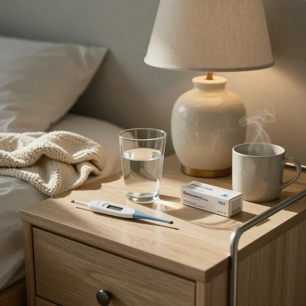 Bedside fever care items: thermometer, flannel, water glass, medicine carton, lamp, and a steaming mug.
