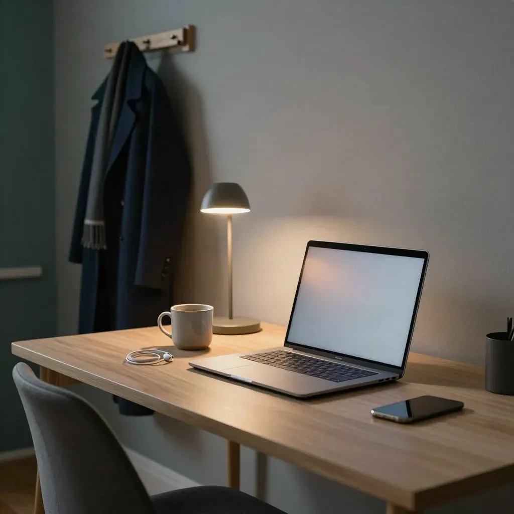 Closed laptop, earbuds, mug, light, and coat stand in a quiet evening desk corner.