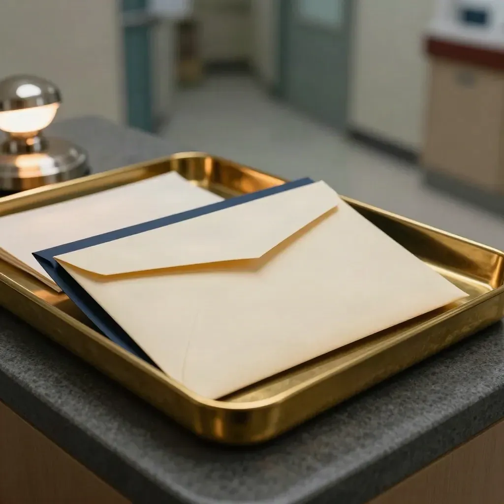 Sealed referral envelope in a brass tray beside a navy folder under moody clinic light.