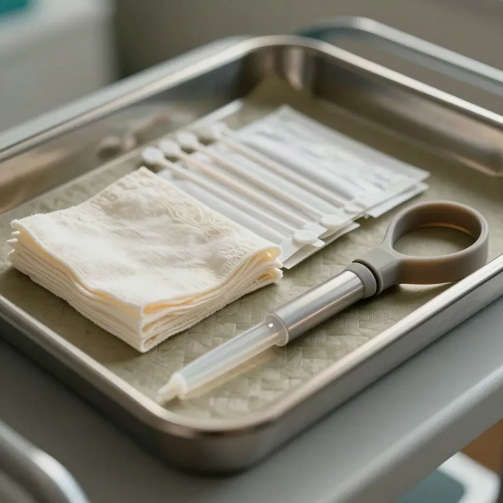 Macro of a nurse’s sampling tray with vacutainer rack, gauze, swab packets and tourniquet on steel.
