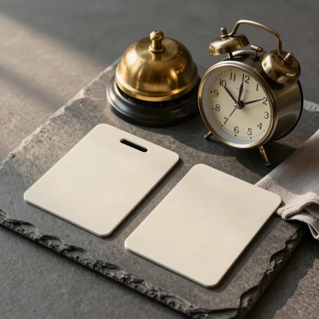 Blank keycard, brass bell and appointment clock on stone, lit from one side.