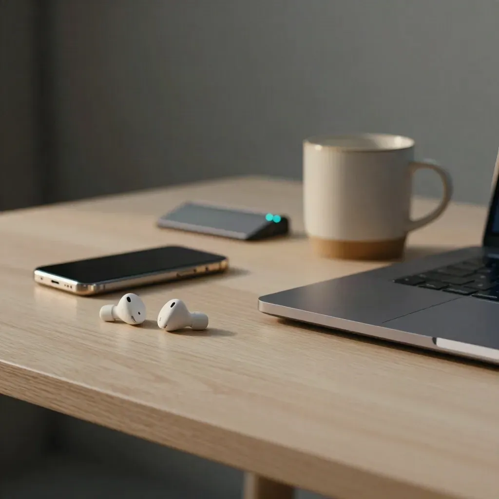 Earbuds, phone cradle, closed laptop and mug on pale wood, ready for a clinician video call.