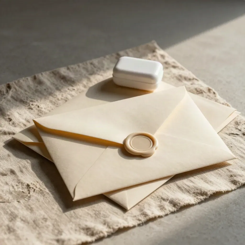 Envelope, pill box, and consultation folder on linen in a calm medical still life.