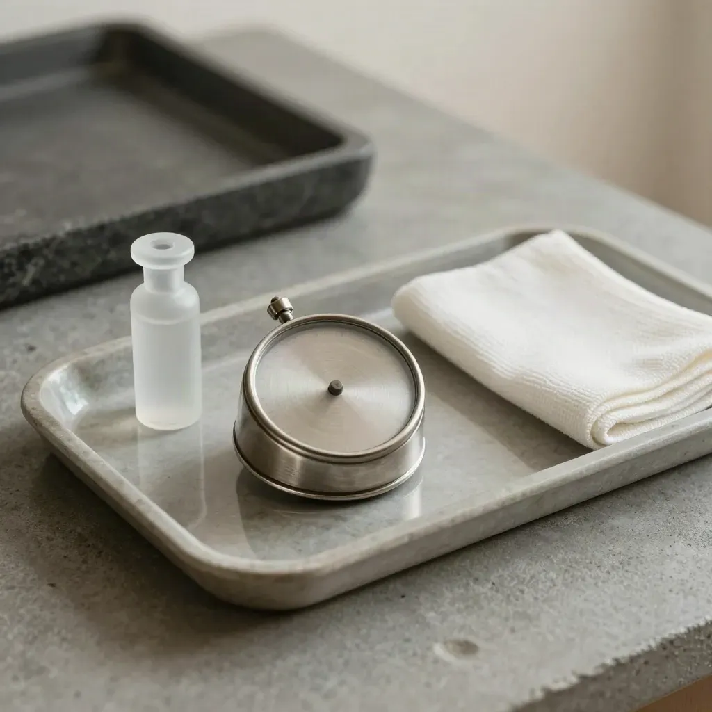 Overhead clinical still life with timer, sample vial, return tray and gauze on stone.