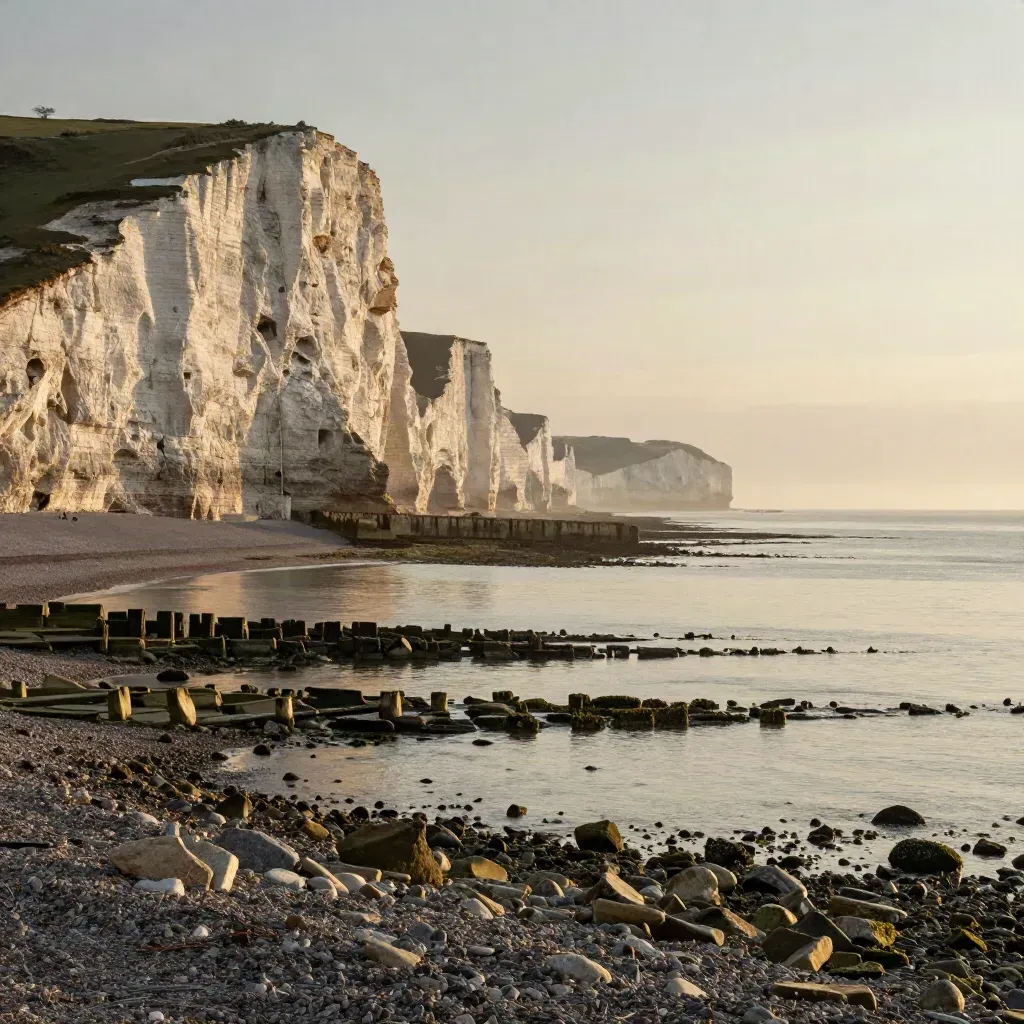 Chalk cliffs and a calm tidal shelf under warm coastal haze