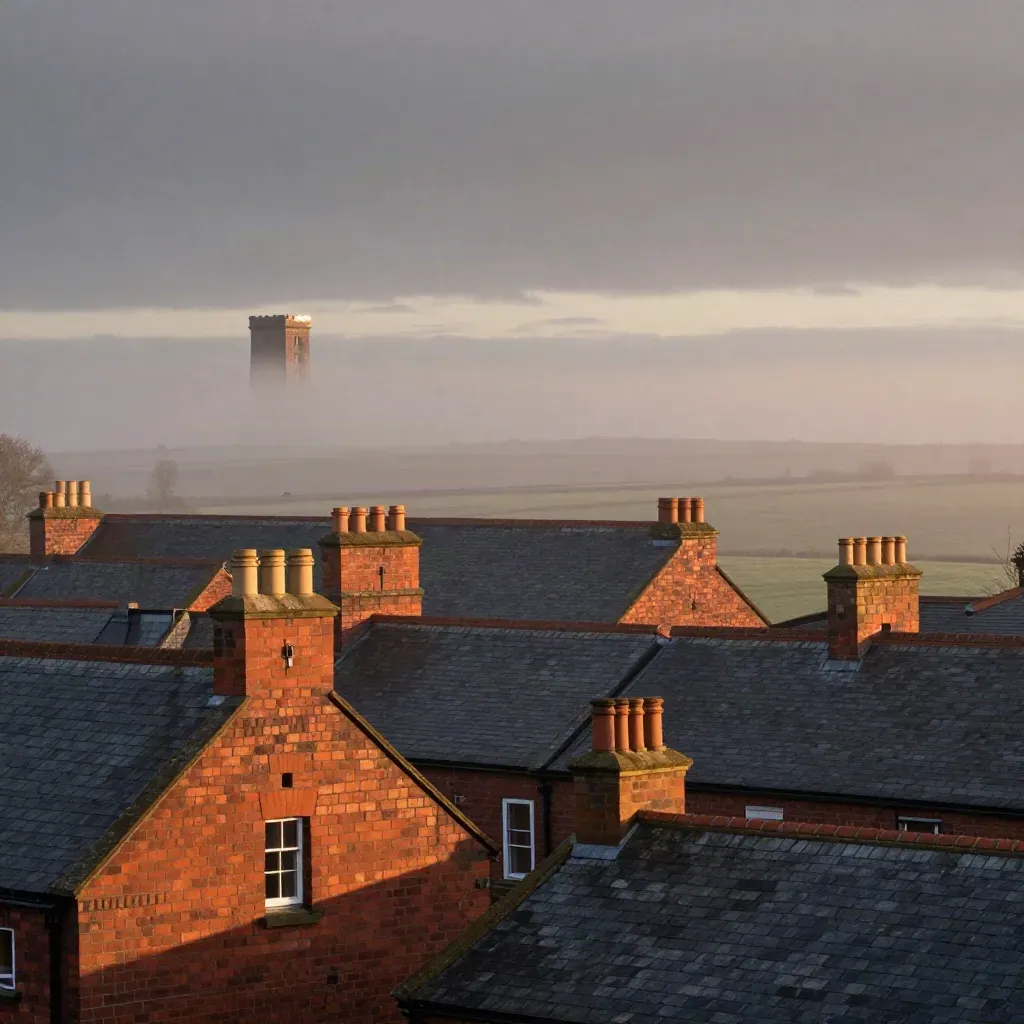 Red-brick mill roofs and a distant tower edge glowing in misty dusk haze over North West England