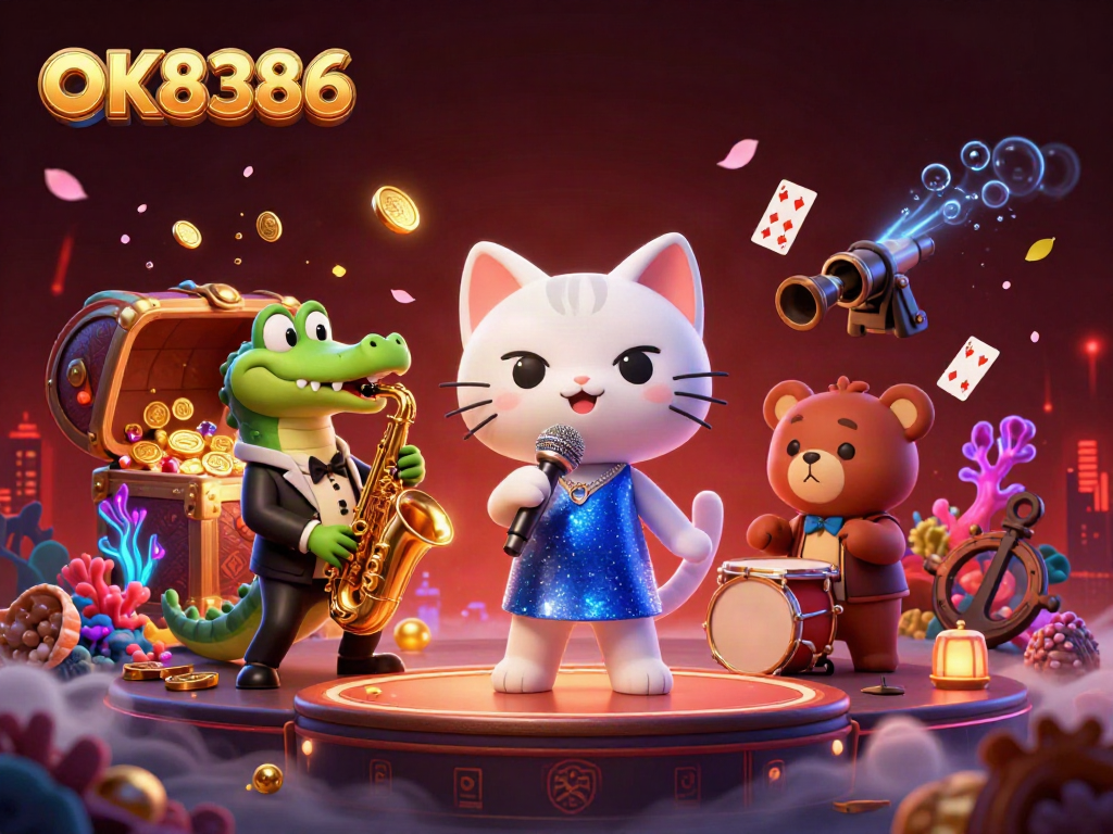 Experience thrills at OK8386 with lively characters in a dynamic casino scene full of treasure and excitement.