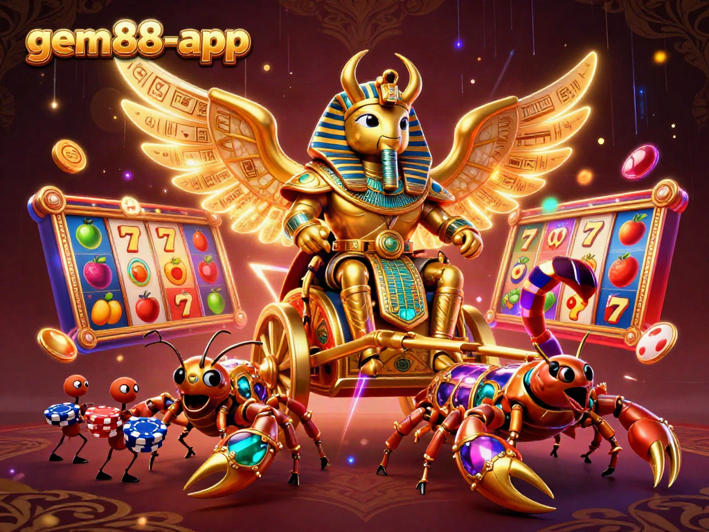Experience the excitement of gem88-app with a dynamic illustration showcasing vibrant slots and casino elements.
