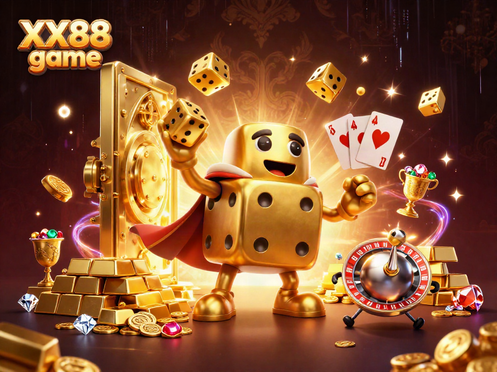 Win big with XX88 game in this vibrant casino scene featuring golden elements and energetic characters.