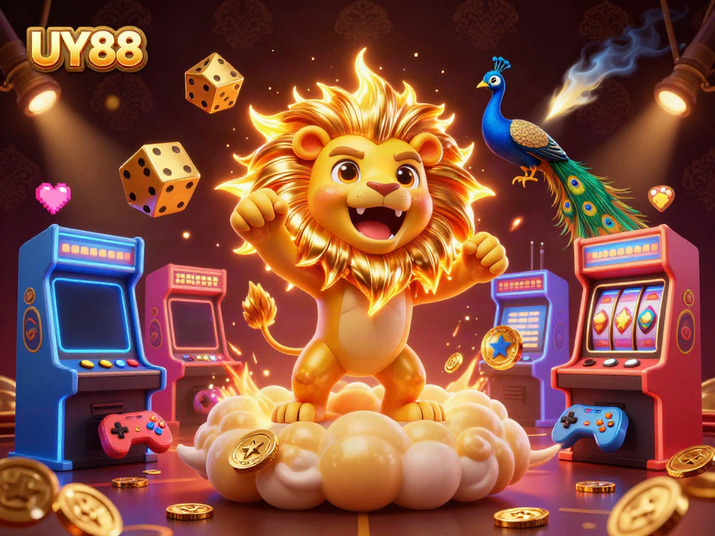 Experience the exhilarating world of UY88 with a dynamic scene of a roaring lion and vibrant gaming elements.