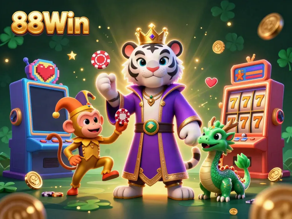 Experience the thrill of online gaming with 88Win's vibrant casino setting featuring classic jackpots and engaging characters.