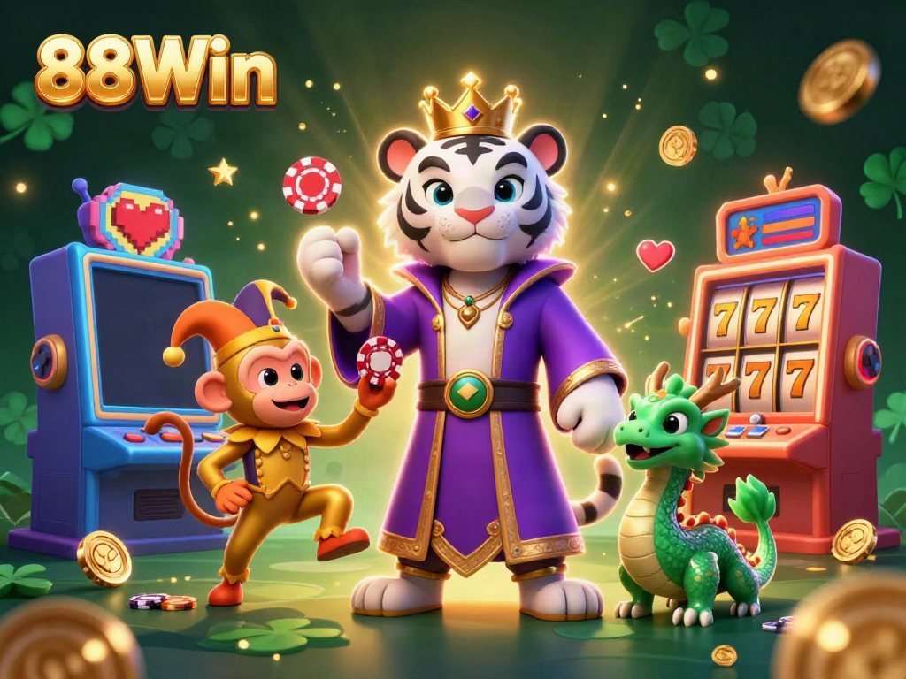 Experience the thrill of online gaming with 88Win's vibrant casino setting featuring classic jackpots and engaging characters.