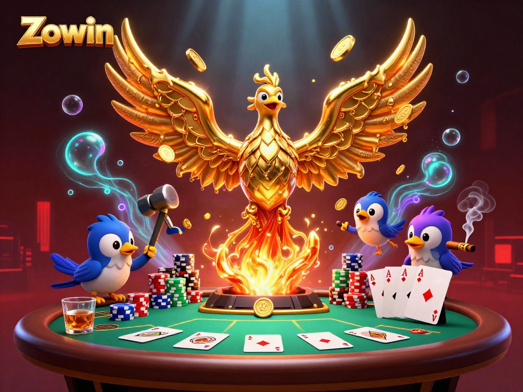 Zowin captures the excitement of casino gaming with a molten phoenix and poker elements.