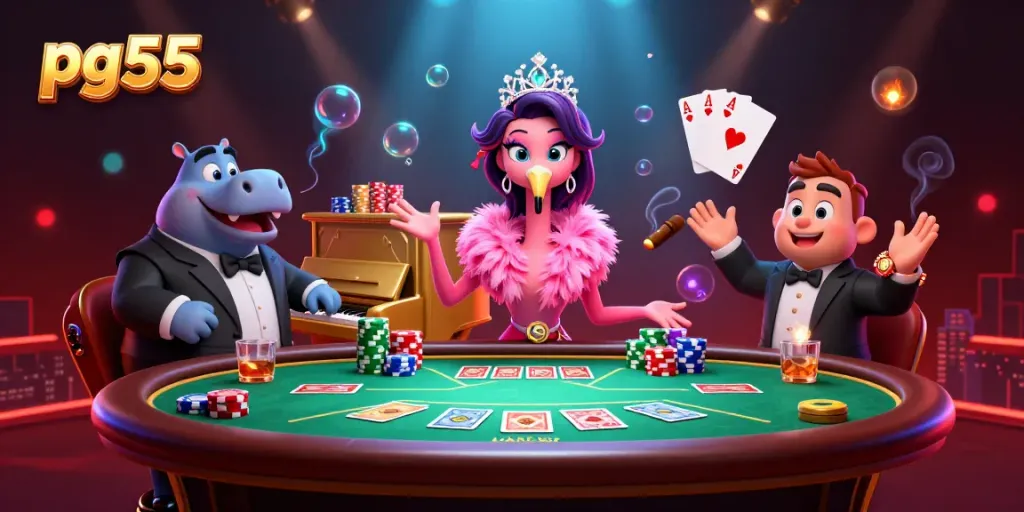 Experience thrilling gaming action at pg55 with a vibrant casino scene featuring colorful poker elements.
