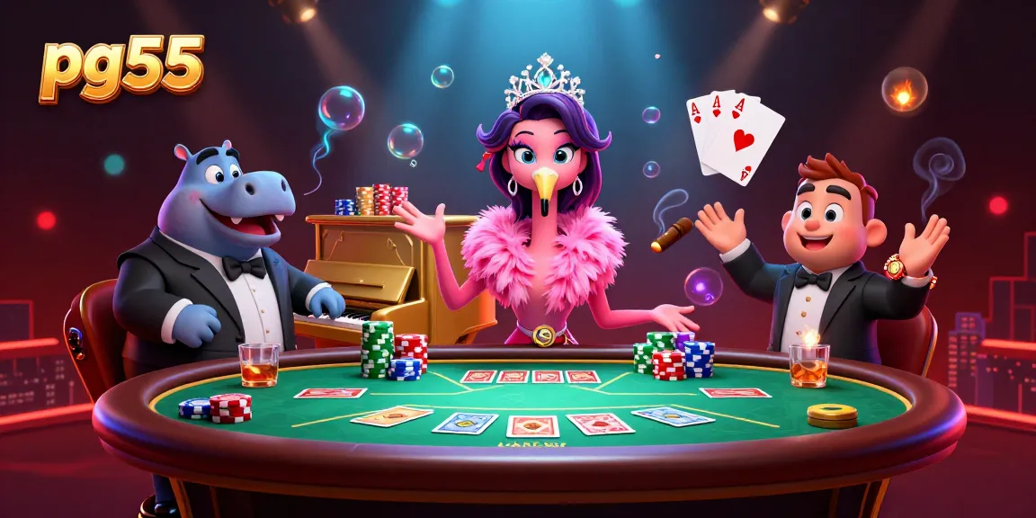 Experience thrilling gaming action at pg55 with a vibrant casino scene featuring colorful poker elements.