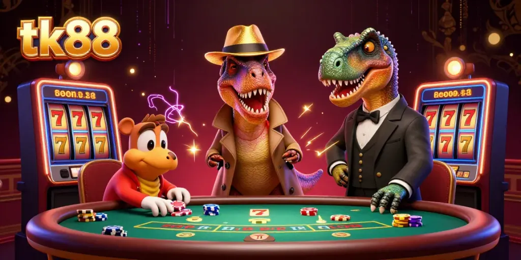 tk88 themed cartoon casino featuring a velociraptor card counter and a stegosaurus pit boss amidst jackpot symbols.
