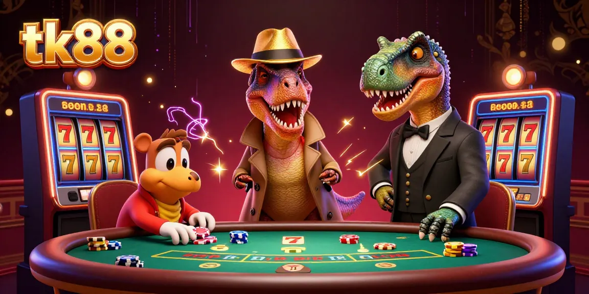 tk88 themed cartoon casino featuring a velociraptor card counter and a stegosaurus pit boss amidst jackpot symbols.